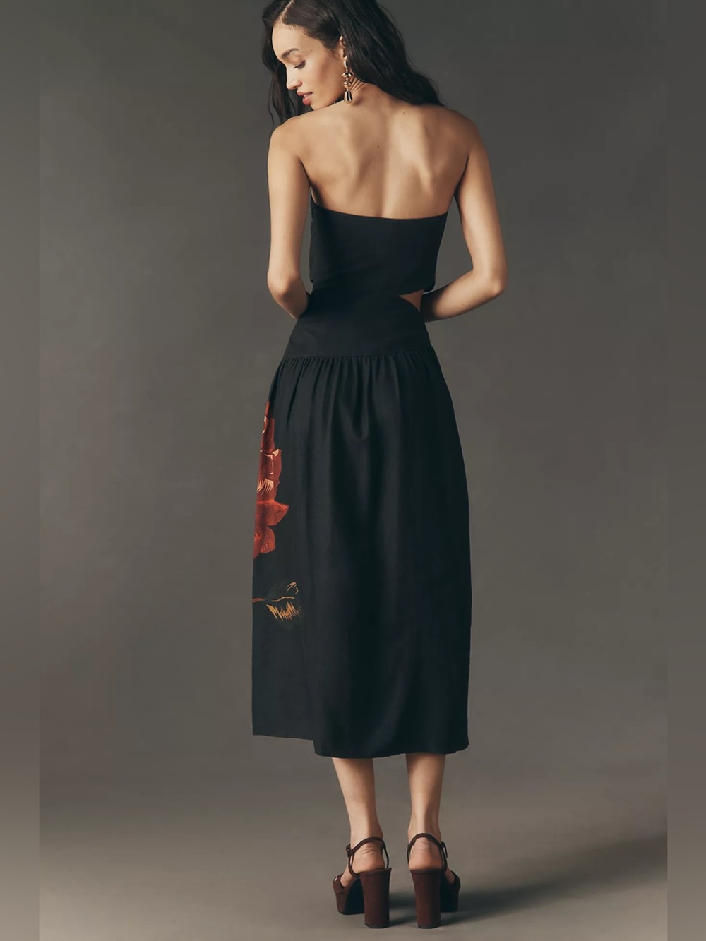 Farm Rio Rosalia Linen Blend Black Floral Strapless Midi Dress - Picture 5 of 12